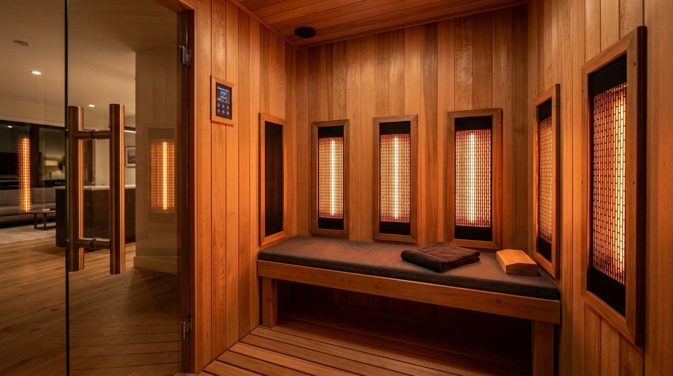 Interior of a modern home infrared sauna with carbon heating panels glowing warm amber