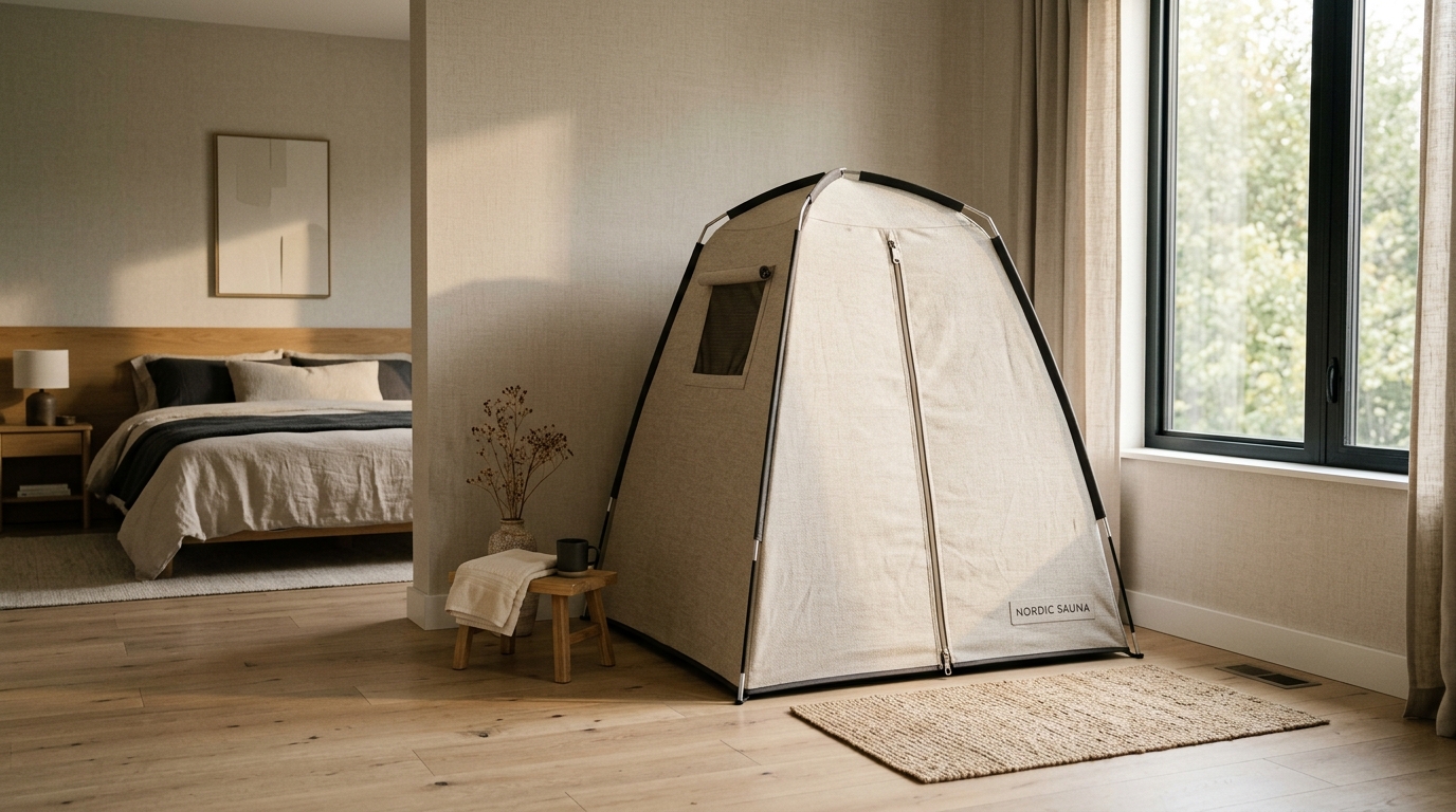 A portable home sauna pod set up in a contemporary apartment with neutral wall and light wood floor