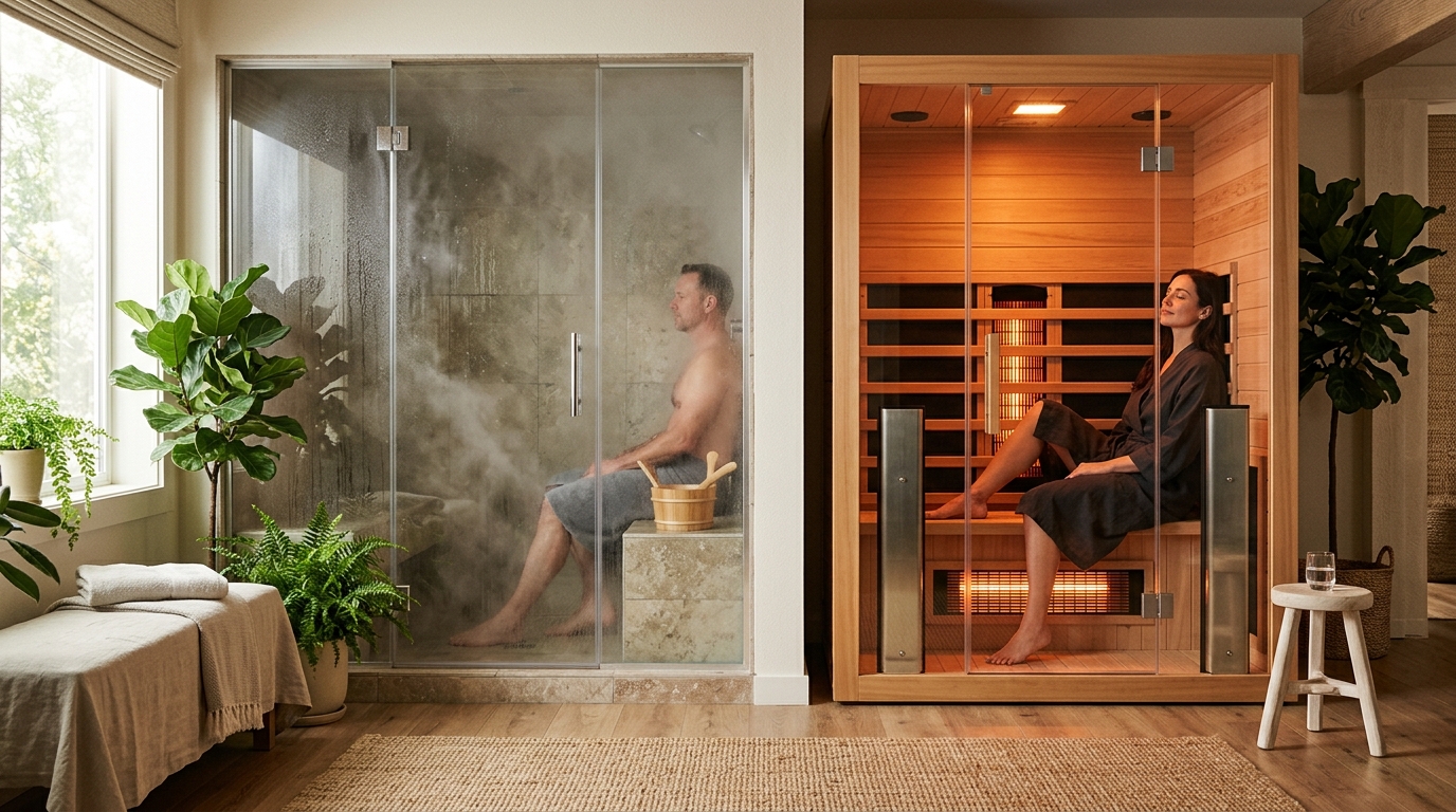 Infrared sauna cabin with glowing carbon panels beside a steam room with misty white tiles