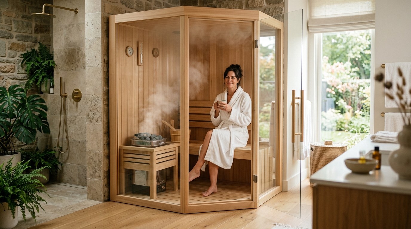 A portable steam sauna pod next to a wall-mounted steam generator unit in a home setting