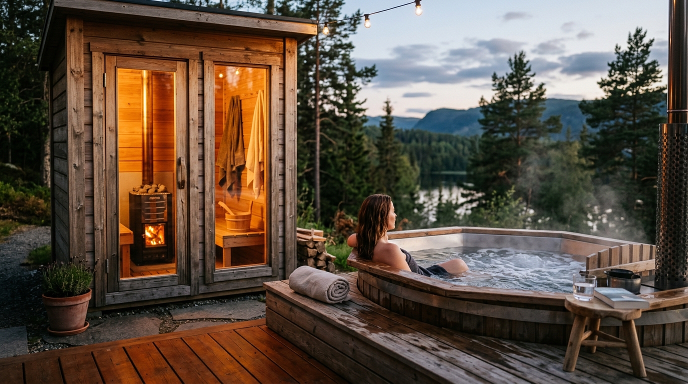 Outdoor cedar sauna cabin beside a modern hot tub on a backyard deck