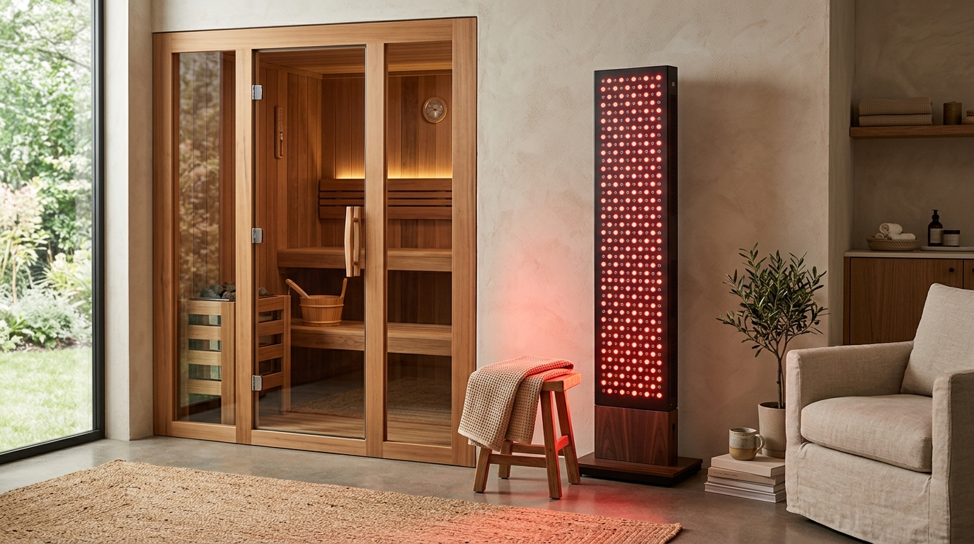 Infrared sauna cabin beside a full-body red light therapy panel in a clean home wellness room