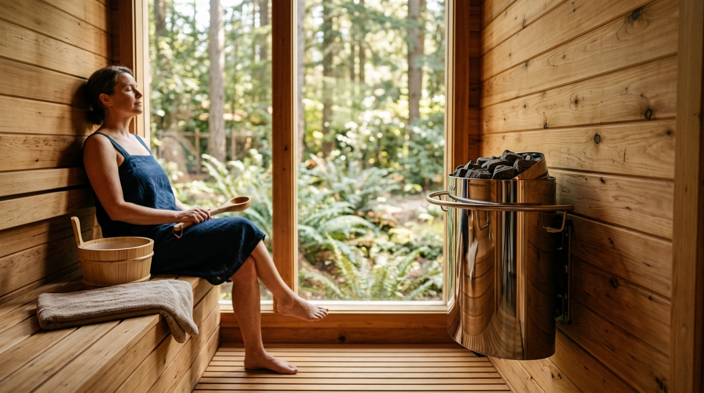 Compact 120V plug-in electric sauna heater with stone guard mounted on cedar wall of a small one-person sauna closet