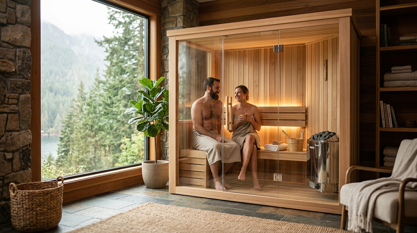 Compact 2-person home infrared sauna with western red cedar interior and warm amber heating panels