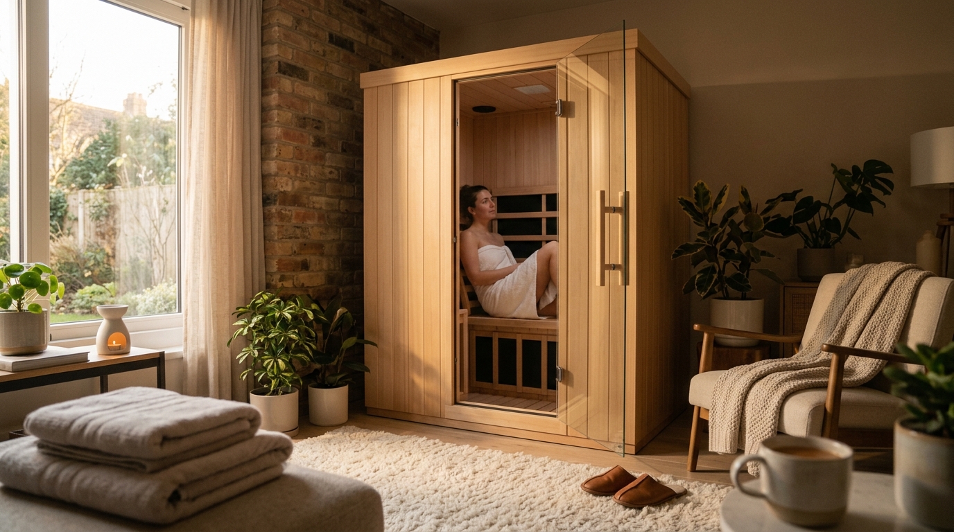Person relaxing inside a cedar infrared sauna cabin, warm amber glow from infrared panels, eyes closed in deep relaxation