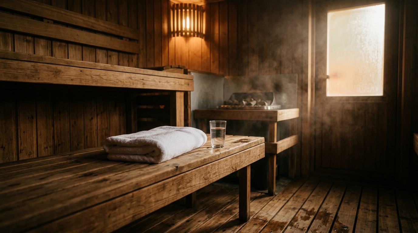 Quiet wellness atmosphere: empty cedar bench, folded towel, glass of water, soft warm light, lingering steam