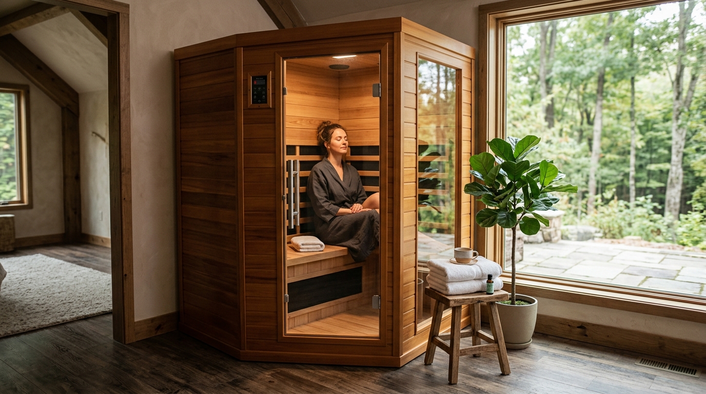 Compact single-person infrared sauna cabinet with cedar walls and warm glowing interior light in a home setting