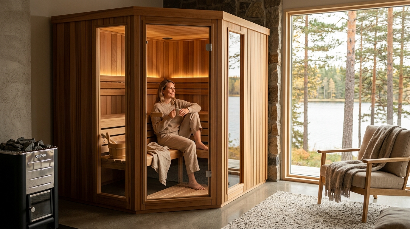 Cedar barrel sauna kit assembled on a backyard deck with warm evening light and steam visible from the partially open door