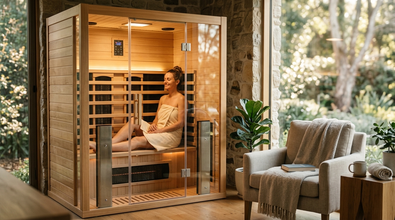 Woman relaxing inside a two-person far infrared sauna cabin with cedar walls and glowing carbon heating panels visible on the interior walls