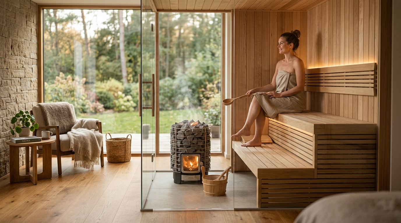 Pre-built two-person cedar infrared sauna cabin set up in a clean modern basement with warm ambient lighting