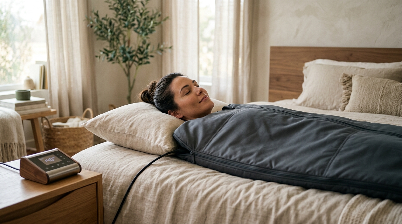 Woman relaxing inside an unzipped far-infrared sauna blanket on a yoga mat with warm amber light glow