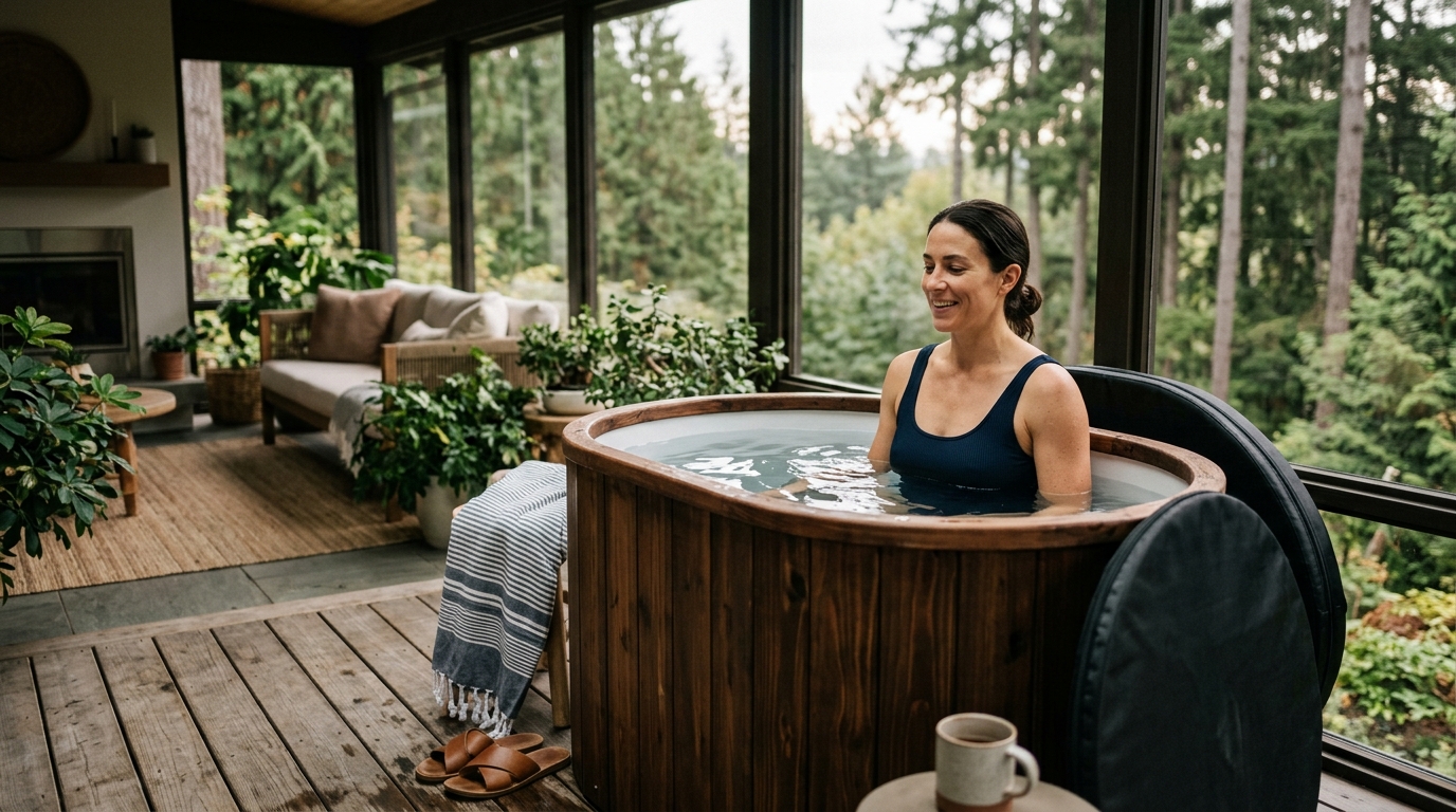Portable cold plunge tub set up on an outdoor patio with icy cold water and a thermometer showing 50°F