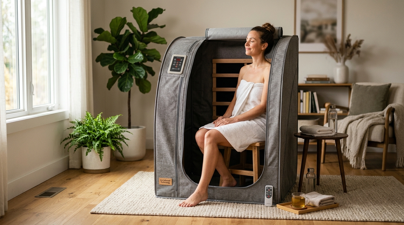 A portable infrared sauna pod set up in a minimalist home interior with warm amber far-infrared glow from the carbon panels