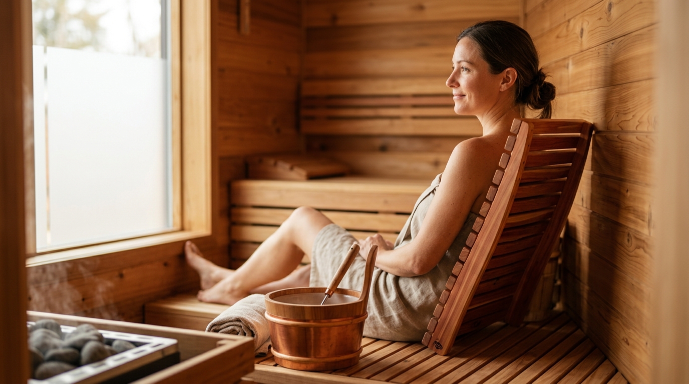 Cedar slatted sauna backrest leaning against the wooden wall of a traditional Finnish sauna cabin above the bench