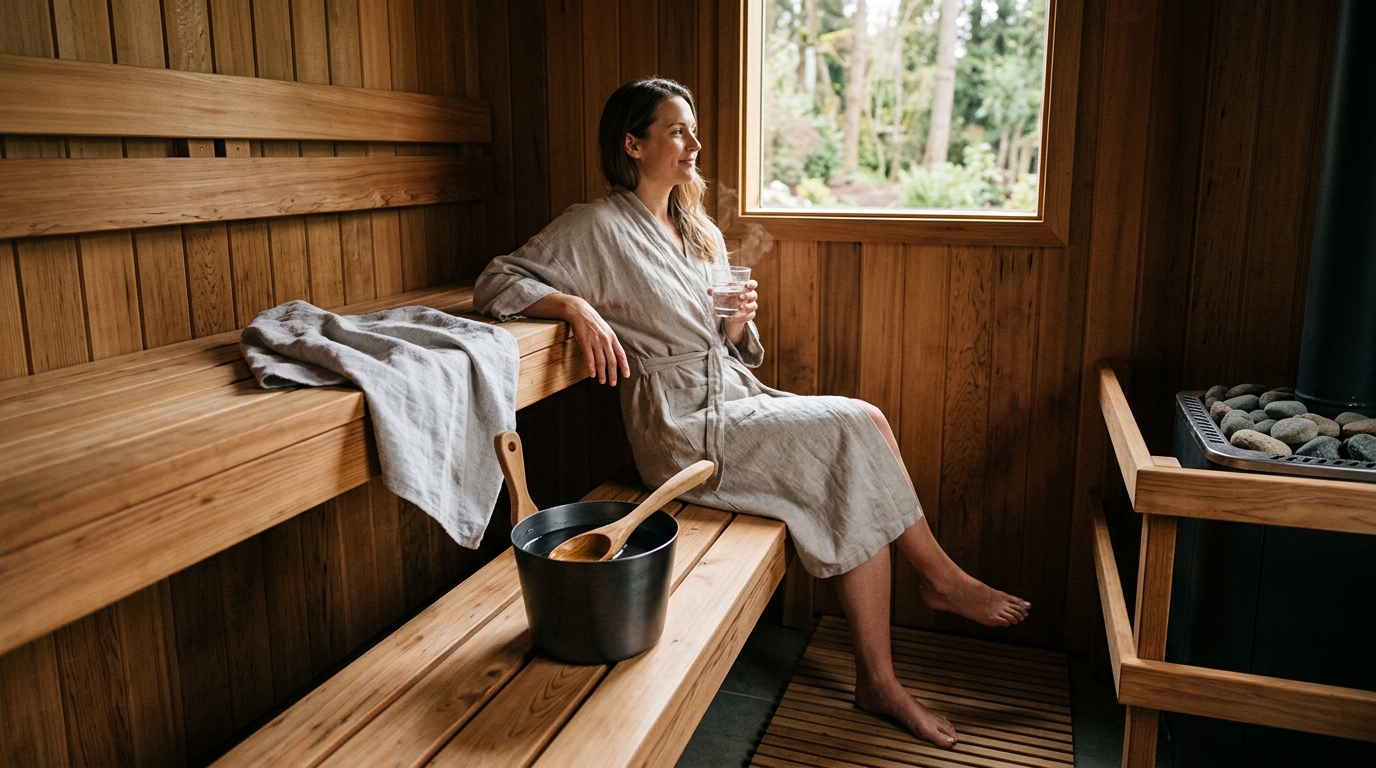 Clean cedar sauna bench with rounded edges inside a traditional Finnish sauna with a stone heater and wood-panel walls