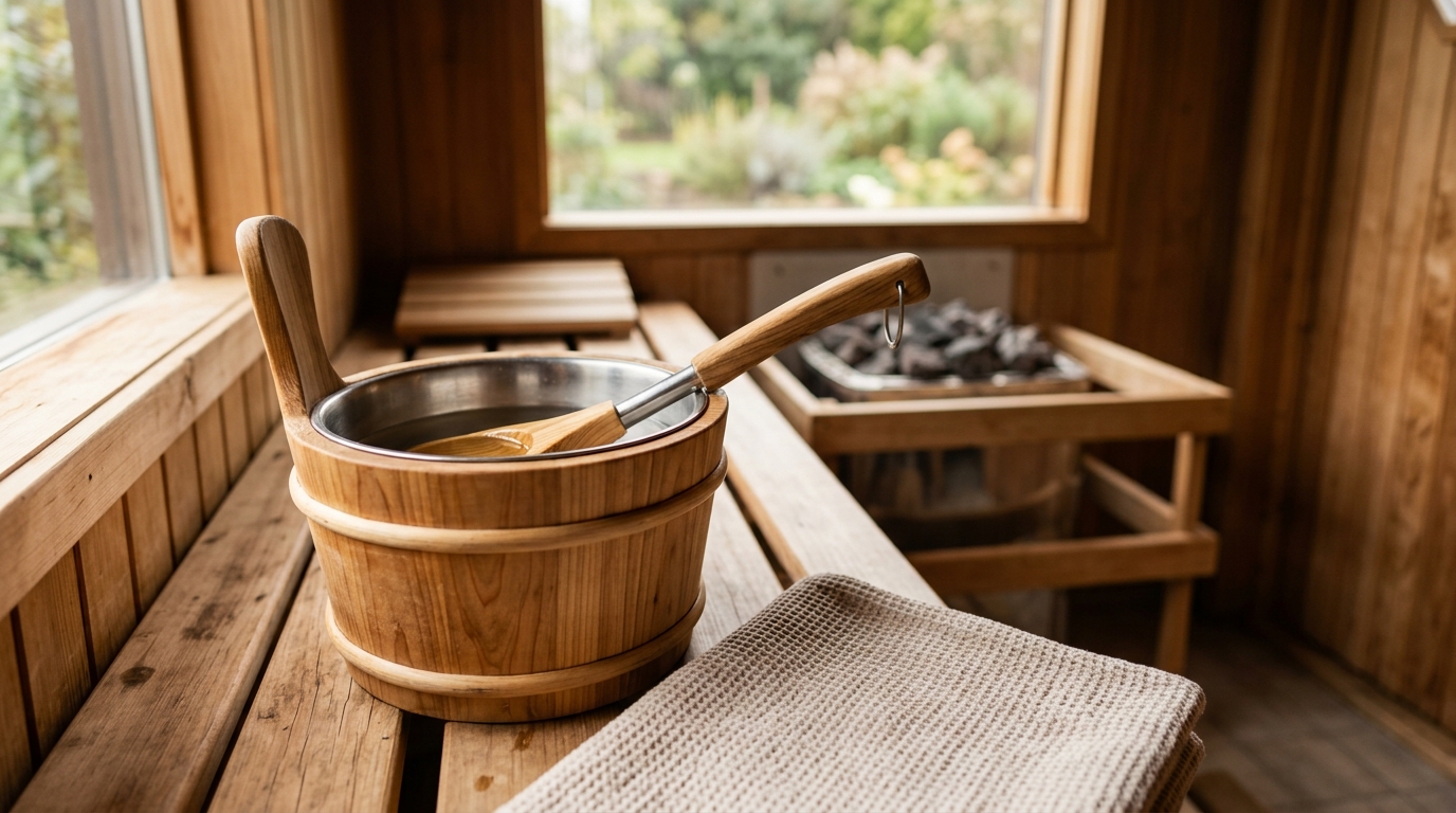 Cedar wood sauna bucket with ladle resting on a bench in a Finnish sauna with glowing hot stones