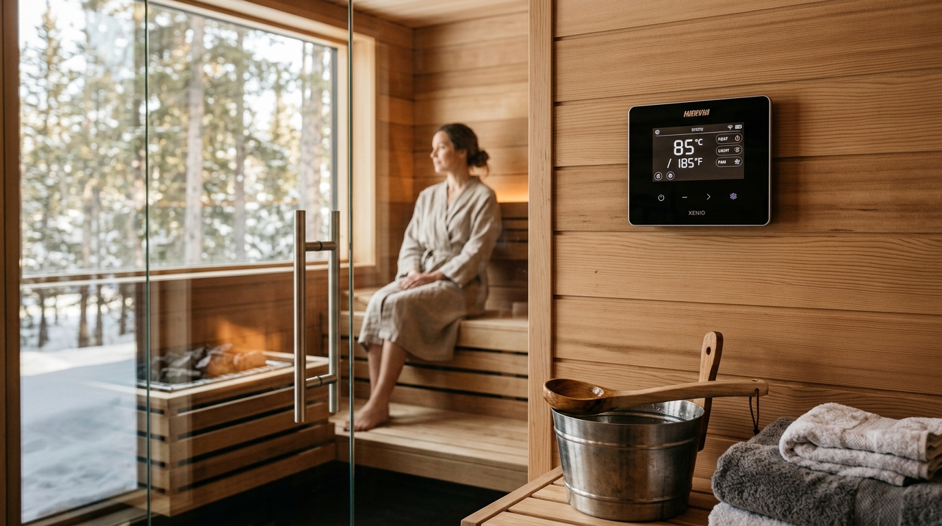 Modern digital sauna control panel mounted on cedar sauna wall with LED display showing temperature and timer