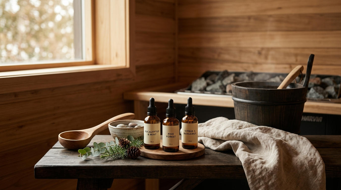 Small glass bottles of essential oils arranged on a cedar sauna bench beside a wooden bucket and ladle in a Finnish sauna