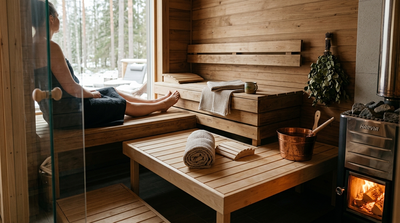 Cedar sauna extension bench sections installed in a home sauna showing a two-tier layout with smooth kiln-dried wood planks