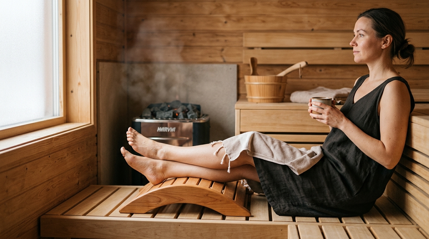 Cedar slatted sauna footrest resting on the floor of a traditional Finnish sauna cabin in front of a wooden bench