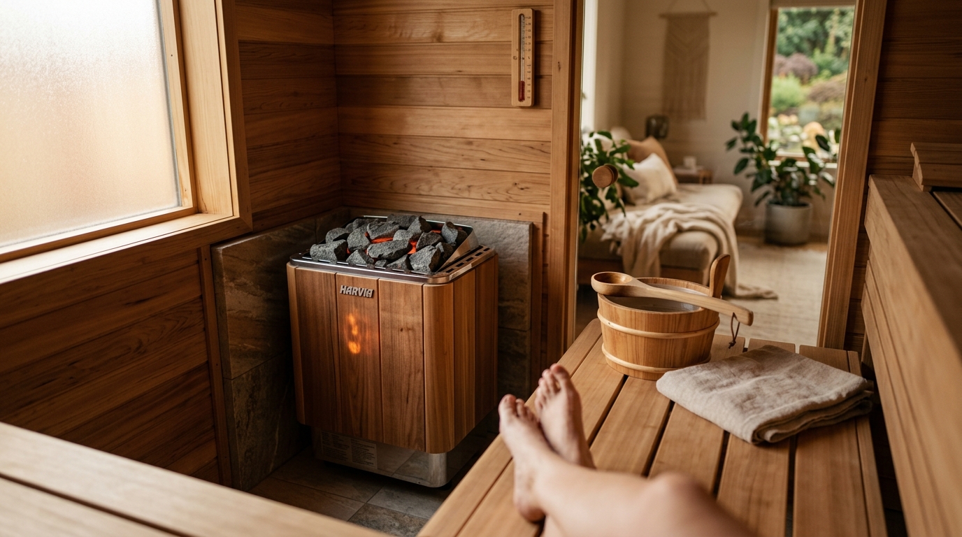 Wall-mounted electric sauna heater with stacked igneous rocks glowing inside a cedar sauna room