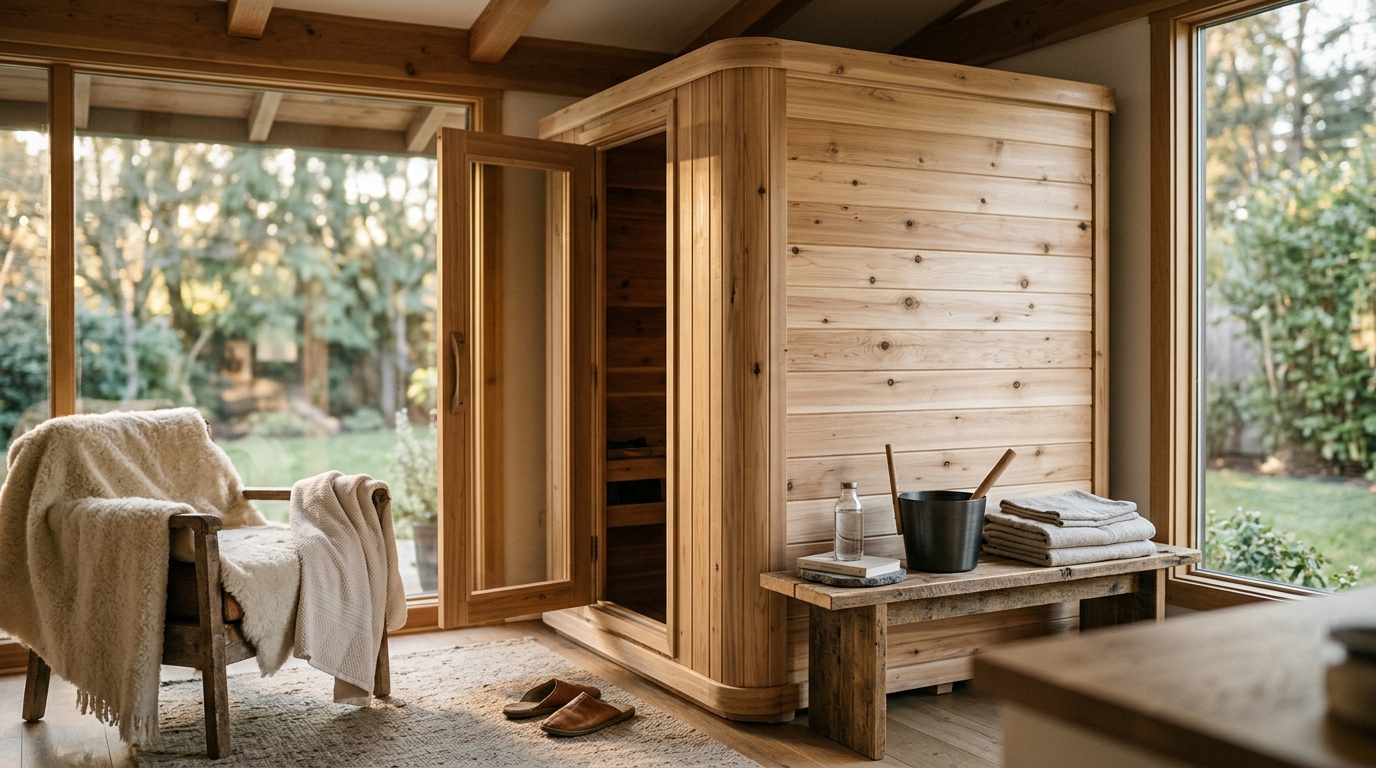 Assembled 2-person traditional indoor sauna kit with cedar walls and electric heater in a home basement