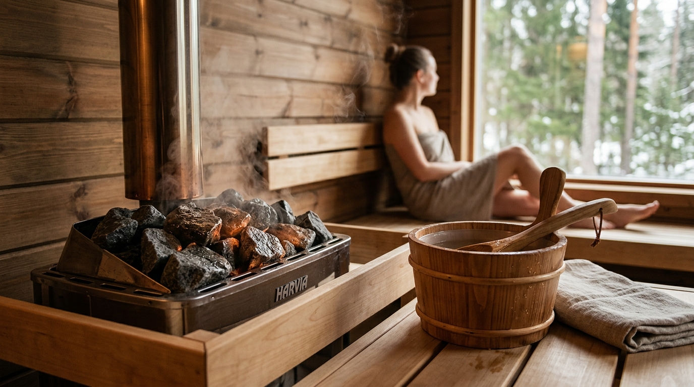 Large rounded olivine sauna rocks stacked on a Finnish electric heater glowing red-hot ready for steam