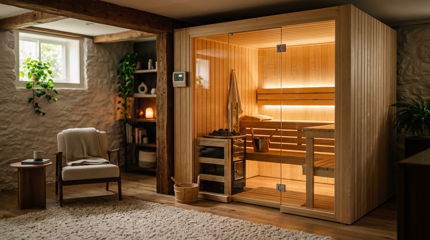 Traditional cedar sauna room built in a finished basement with wood-paneled walls, bench seating, and a stone sauna heater