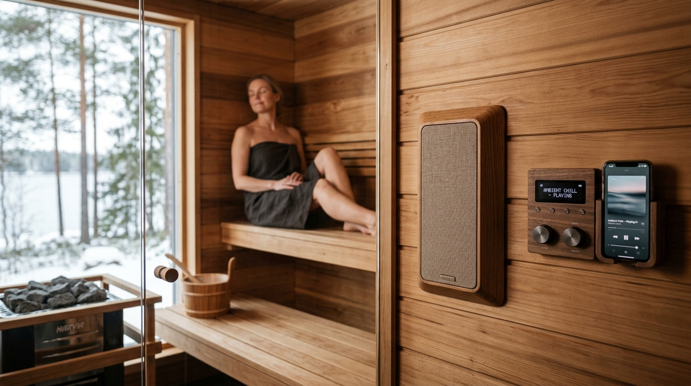 Waterproof Bluetooth speaker resting on a cedar sauna bench beside a wooden bucket and ladle with warm ambient lighting