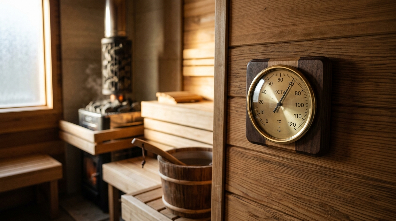 Wooden sauna thermometer and hygrometer mounted on a cedar wall inside a Finnish sauna with stones visible in the background