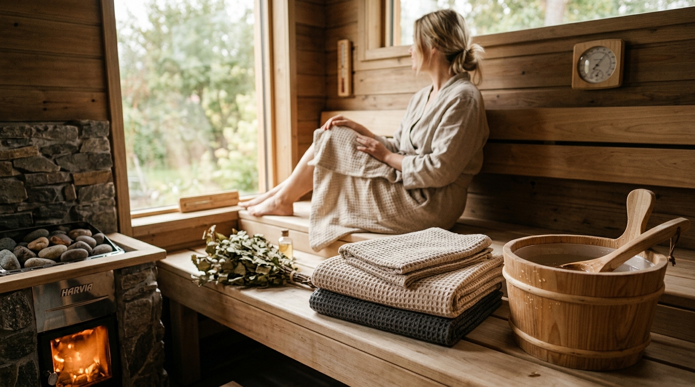 Assortment of linen and terry sauna towels folded and stacked on a wooden sauna bench with a bucket and ladle in the background