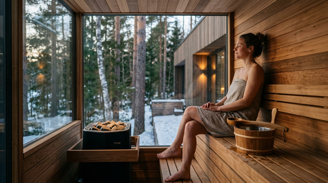 Interior of a Finnish home sauna with natural aspen tongue-and-groove wall panels, warm golden lighting, and an electric stone heater