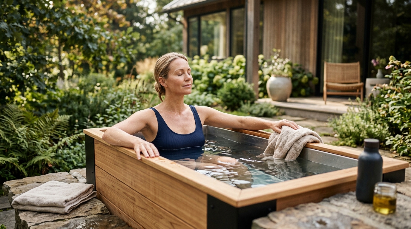 Person emerging from a cold plunge tub with refreshed glowing skin, water droplets visible in morning light