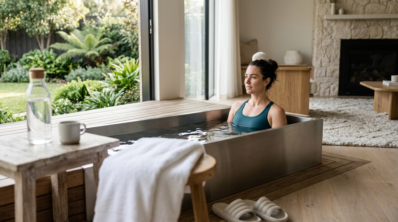Athlete stepping into an outdoor cold plunge tub after a workout, breath visible in the cool air, towel and water bottle nearby