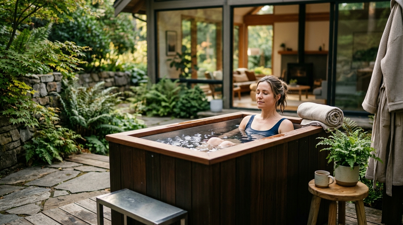 Person emerging from a backyard cold plunge tub with a calm expression in misty morning light, towel draped over shoulder