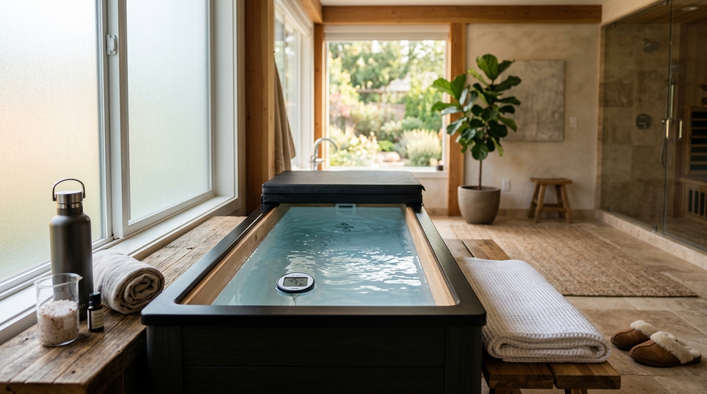 Person in a cold plunge tub checking water temperature with a digital thermometer, ice visible in background