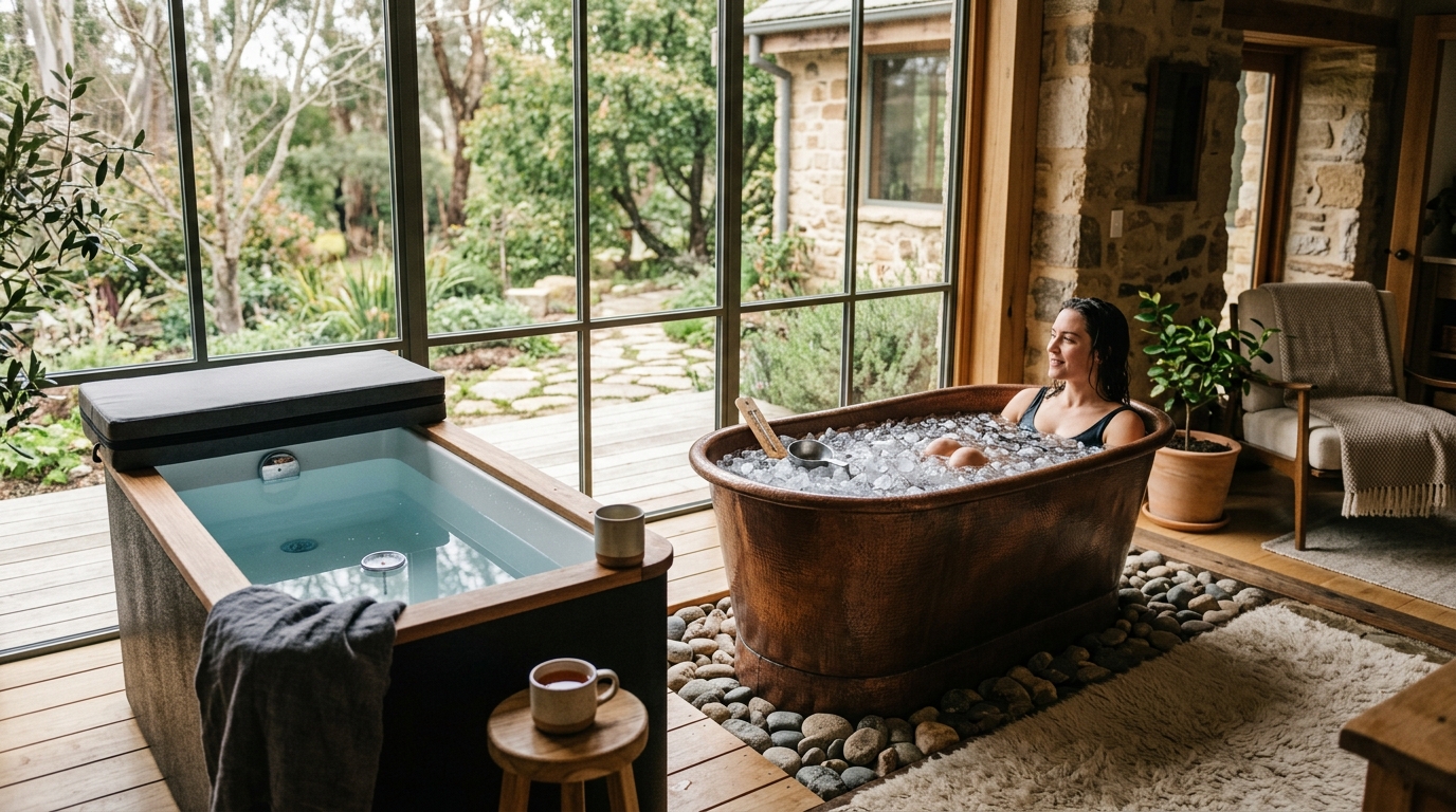 Side-by-side cold plunge tub with chiller unit and a stock tank ice bath on a backyard deck