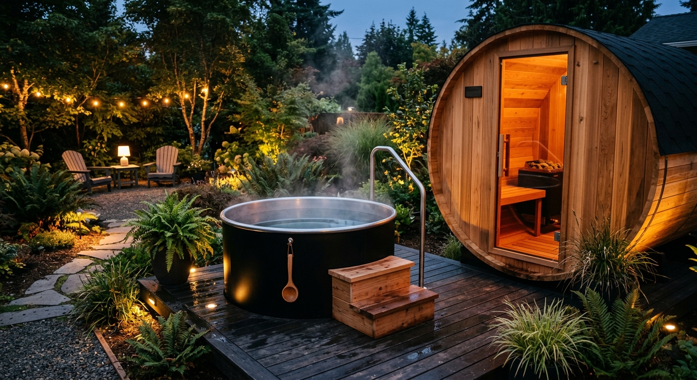 Modern home backyard cold plunge tub with crystal-clear icy water and mist rising off the surface