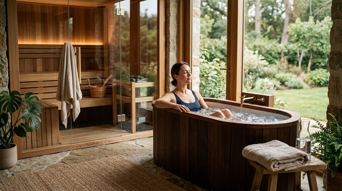 Person stepping from a cedar sauna cabin into an outdoor cold plunge tub on a wooden deck