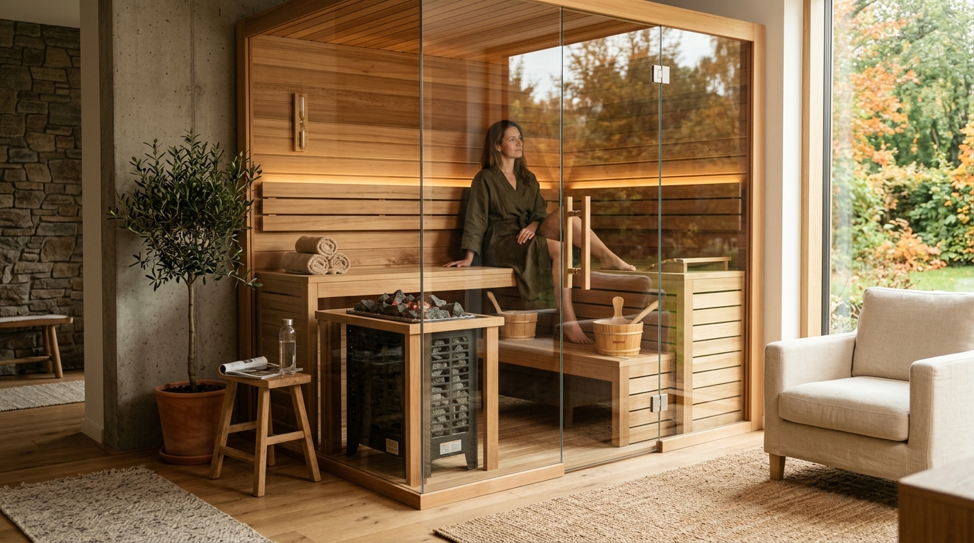 Traditional Finnish dry heat sauna interior with cedar benches, electric heater loaded with stones, and warm wood-paneled walls