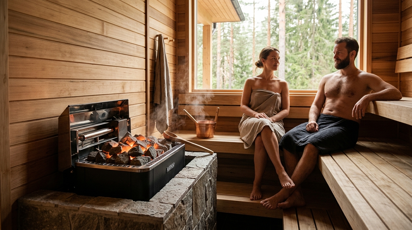 Gas-fired sauna heater with blue burner flame and stone tray inside a large cedar sauna room