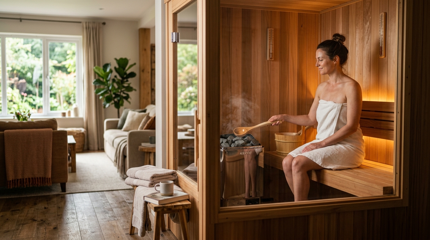 Modern home infrared sauna cabin beside a gym locker room sauna bench