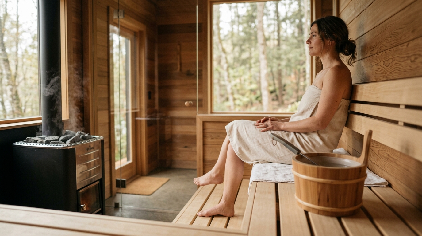 Cedar sauna interior with a wall-mounted sand timer on the bench wall, warm amber glow and steam rising from granite heater stones