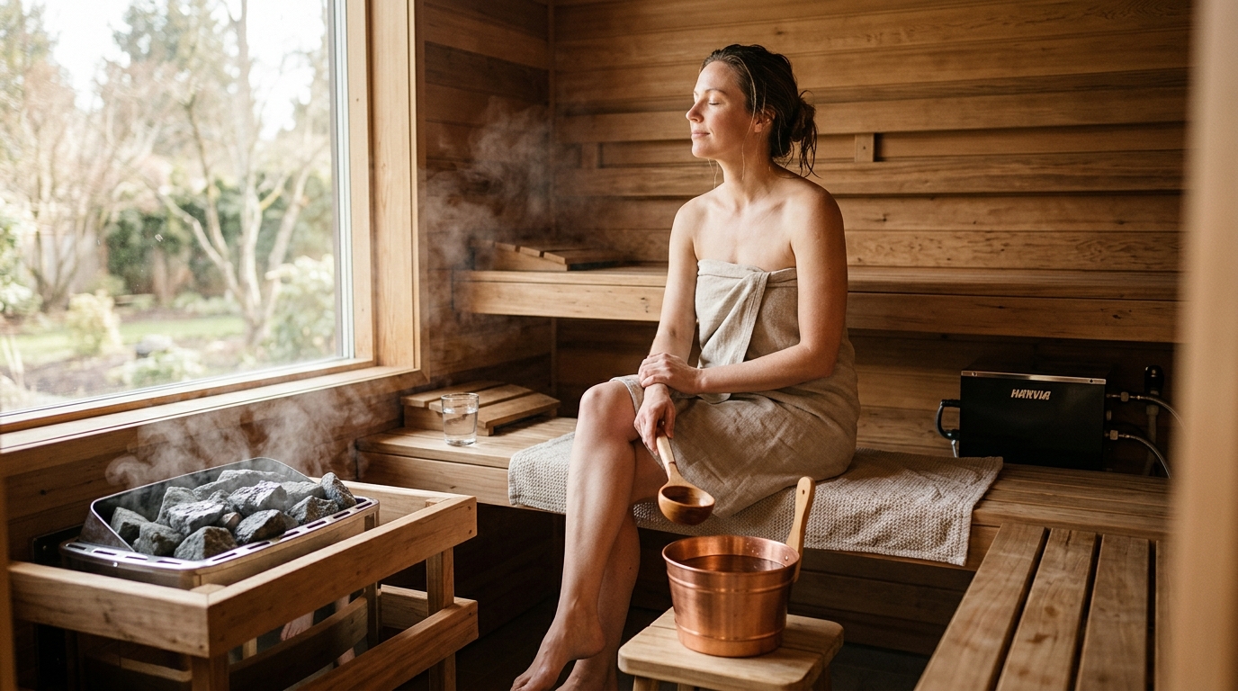 Interior of a cedar sauna room with steam rising from a stone heater after water is ladled on the stones