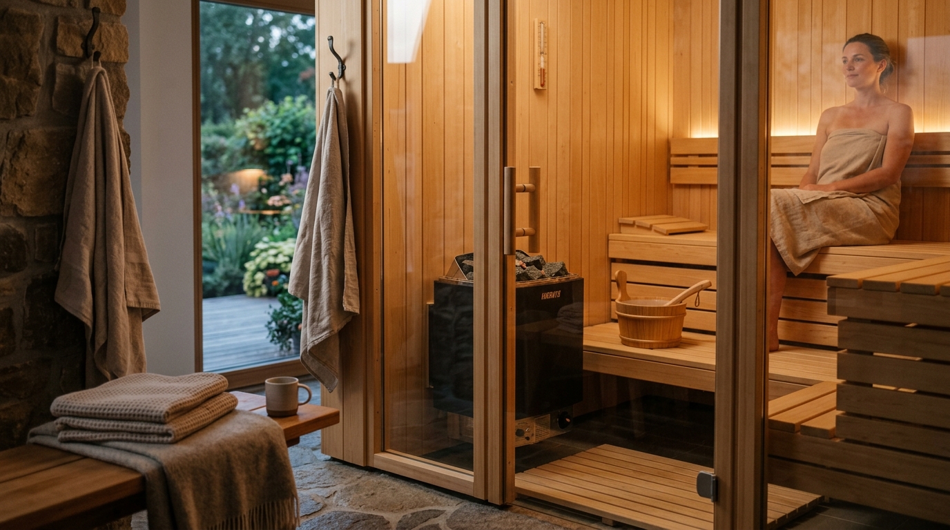 DIY sauna room under construction: cedar tongue-and-groove panels being nailed to framed walls, foil vapor barrier visible in corner