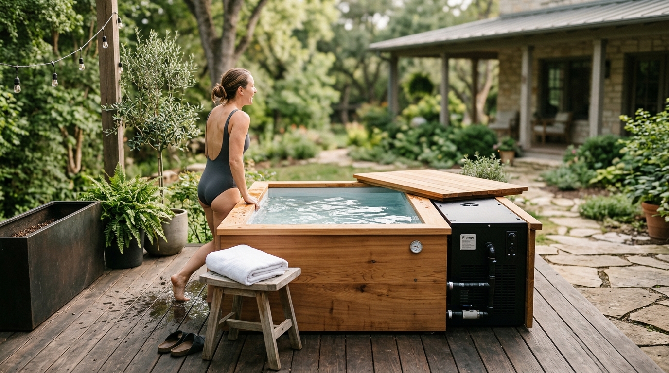 DIY outdoor cold plunge: galvanized stock tank filled with water on a wooden deck, digital thermometer clipped to rim showing 52 degrees Fahrenheit