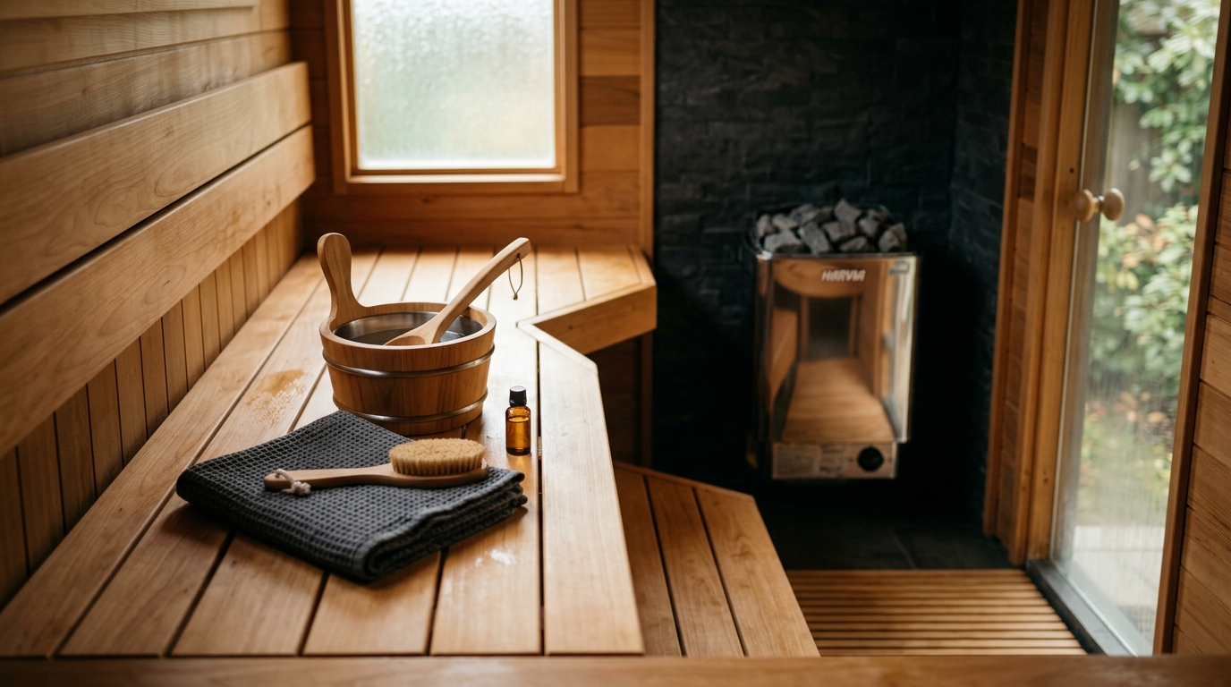 Cedar sauna benches being scrubbed with a soft-bristle brush, a small bucket of diluted cleaner nearby, sauna door open for ventilation
