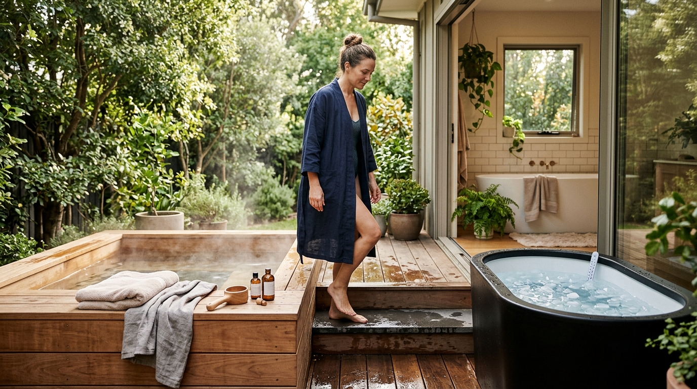 Outdoor cedar sauna next to a cold plunge tub on a wooden deck with steam rising in cool morning air