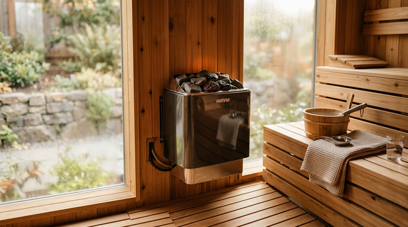 Electric sauna heater being mounted on the wall of a cedar sauna room with stone load and control panel visible