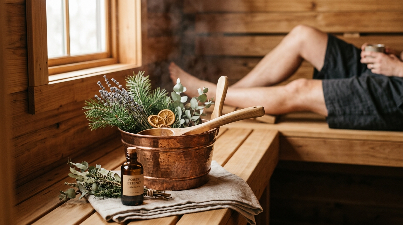 Cedar sauna interior with birch bundles hanging near the door, sauna stones visible on heater, warm amber lighting creating a fresh and inviting atmosphere